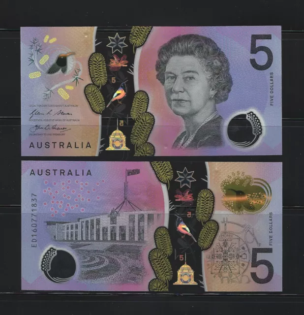 AUSTRALIA 5 Dollars 2016, P-62a Sign: Stevens / Fraser, QEII Polymer, UNC Grade