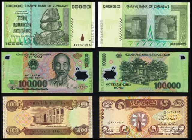 10 Trillion Dollars Zimbabwe 2008 100,000 Dong Vietnam 1000 Dinars Iraq 2018 UNC