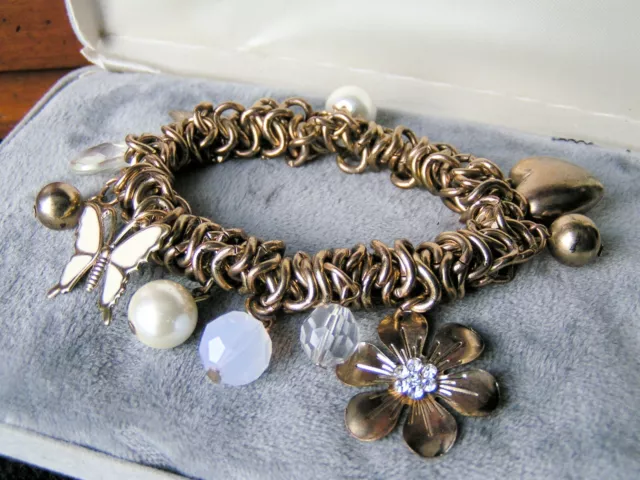 Boho Chic Gypsy Gold Tone & Molded Celluloid Beads/Charms & Faux Pearl Bracelet
