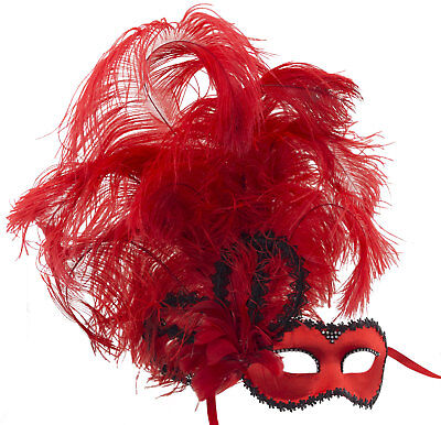 Mask from Venice Colombine Satin IN Feathers Ostrich Red Paper Mache 22429