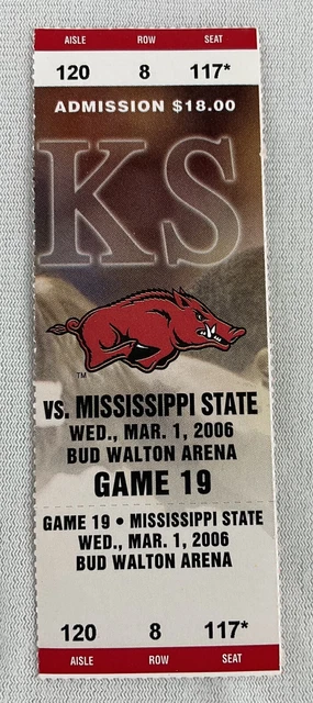 2006 03/01 Mississippi State at Arkansas Basketball FULL Ticket-Ronnie Brewer