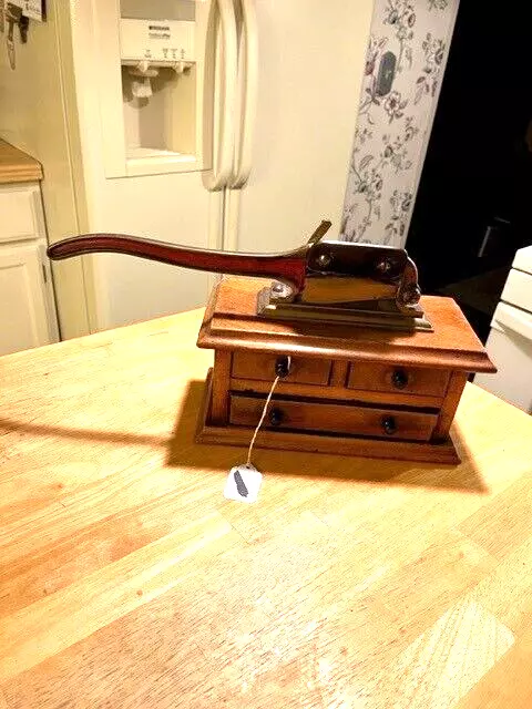 1800S Wood And Brass Apothecary Storage Box With Pill Cutter Mounted On The Top