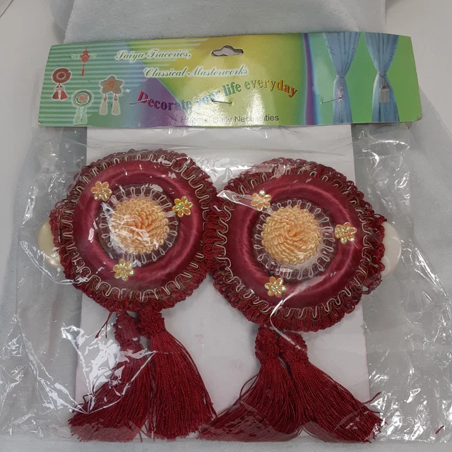 New Vintage Curtain Tie Back Clips Maroon Medallion  Tassels Hollywood Regency