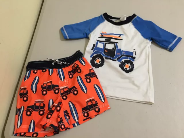 NWT Gymboree Boys Rash Guard Truck Swim trunk Swimsuit Set UPF 50+ Outlet