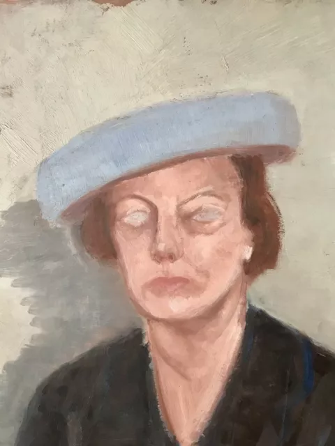 Vecchio dipinto olio su tavoletta. Ritratto di signora con cappellino Anno 1958