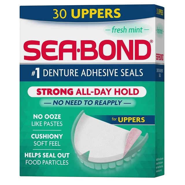 Sea Bond Secure Denture Adhesive Seals, Fresh Mint Uppers, Zinc-Free, All-Day✔👌