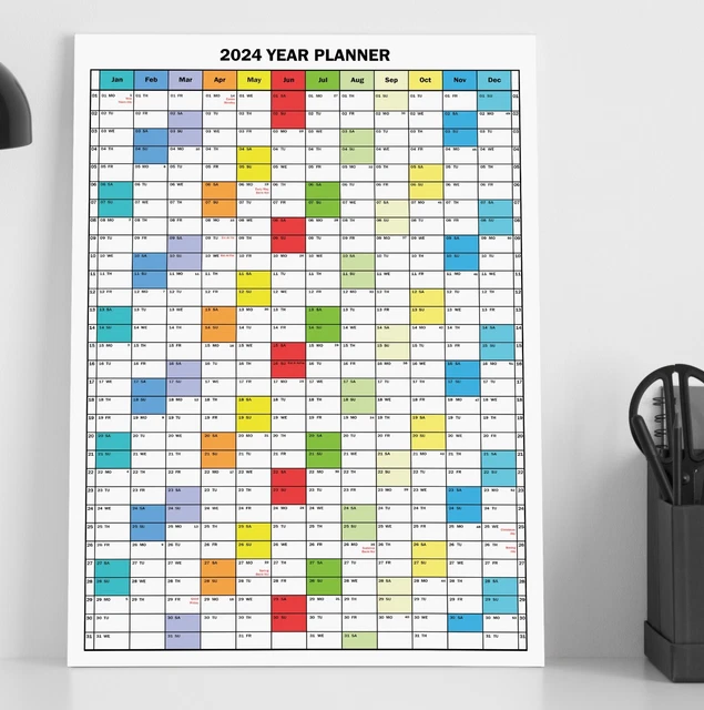 YEAR PLANNER ANNUAL 2024 Portrait wall chart Organiser Work Rota