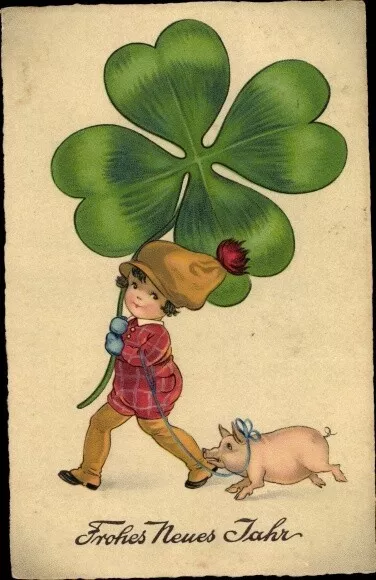 Ak Glückwunsch Neujahr, Kind mit Schwein und Kleeblatt - 3146929