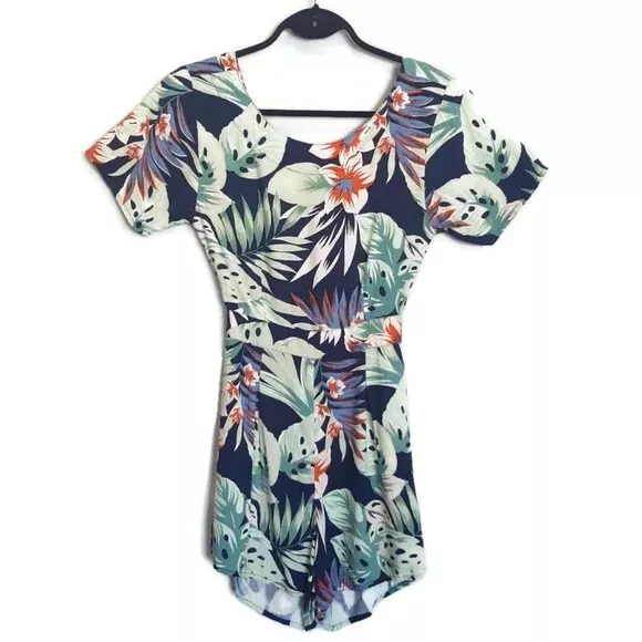 Motel Rocks Tropical Palm Romper Womens Size XS Blue Green Cut Out Short Sleeve