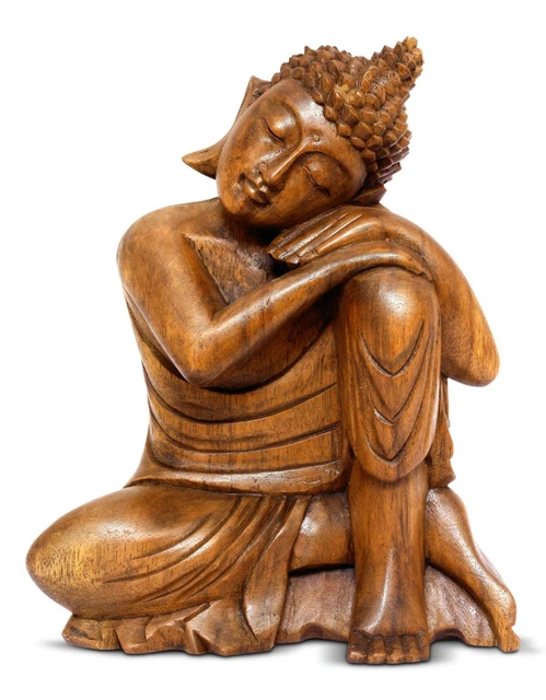 8" Wooden Sleeping Buddha Statue Hand Carved Resting Sitting Wood Figurine Decor