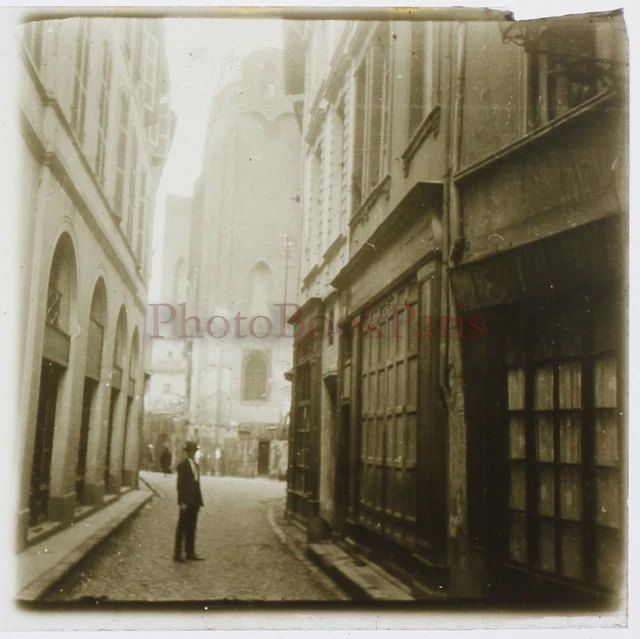 FRANCE Foix Rue et église Photo Stereo Plaque de verre Vintage 1927