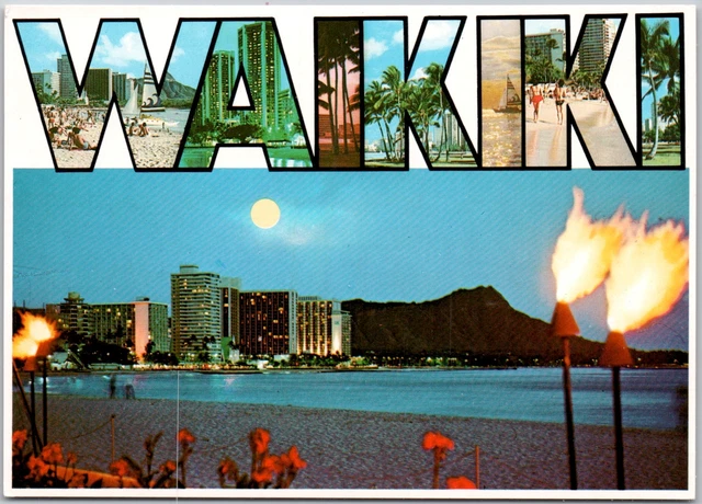 Moonlight Over Diamond Head Waikiki Beach Hawaii Island USA Vintage Postcard
