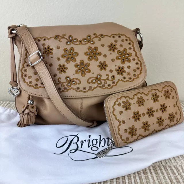 Brighton Stella Tan Leather Floral Flap Eyelet Tassel Shoulder Bag Wallet Set