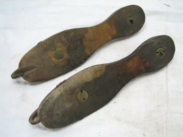 Pr Antique Wooden w/Brass/Iron Ice Skates Ornate Curled Toe Dutch