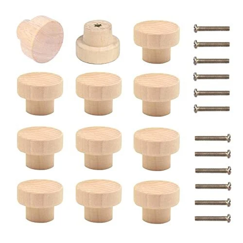 Bymivofun 12 Pcs Boutons De Meubles Ronds En Bois, 35mm Poignées De Tiroir De Po