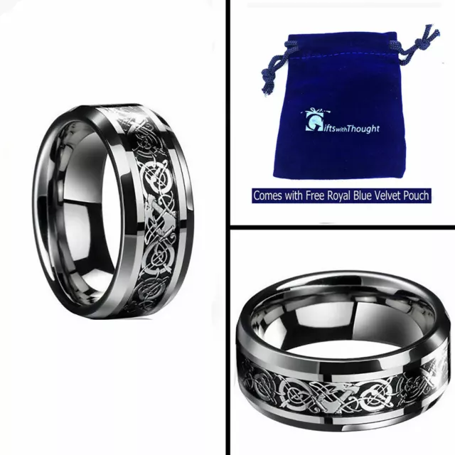 Men's Tungsten Carbide  Black Carbon Fiber Celtic Dragon Inlay Wedding Band Ring