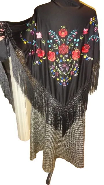 Stunning 30s Black Multicoloured Embroidered Spanish Style Piano Shawl 72" X 37"