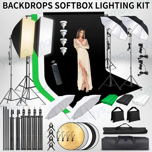 PHOTO STUDIO 4X85W LED Softbox Lighting Umbrella Light+3 Backdrop Stand ...