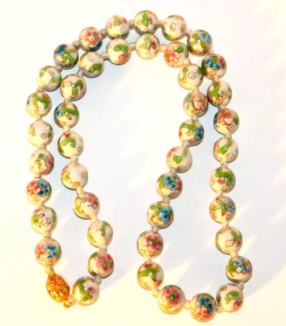 White Hand Painted Floral Porcelain Beads Necklace China 24"