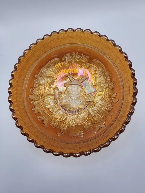 Vintage Imperial Marigold Carnival Glass Bowl With Embossed Windmill