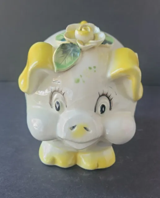 Vintage Ceramic Piggy Bank Yellow Floral Flower Hand Painted Rare - Repaired