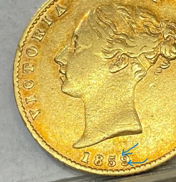 GREAT BRITAIN UK RARE 1859/58 OVERDATE HALF SOVEREIGN see photos. ONLY A FEW