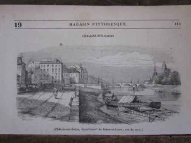 19th CHALONS SUR SAONE SAONE ET LOIRE WOODCUT VIEW FROM THE QUAY