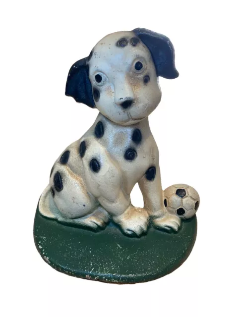 Vintage Cast Iron Metal Spotted PUPPY DOG Soccer Ball DOOR STOP Pet Lovers