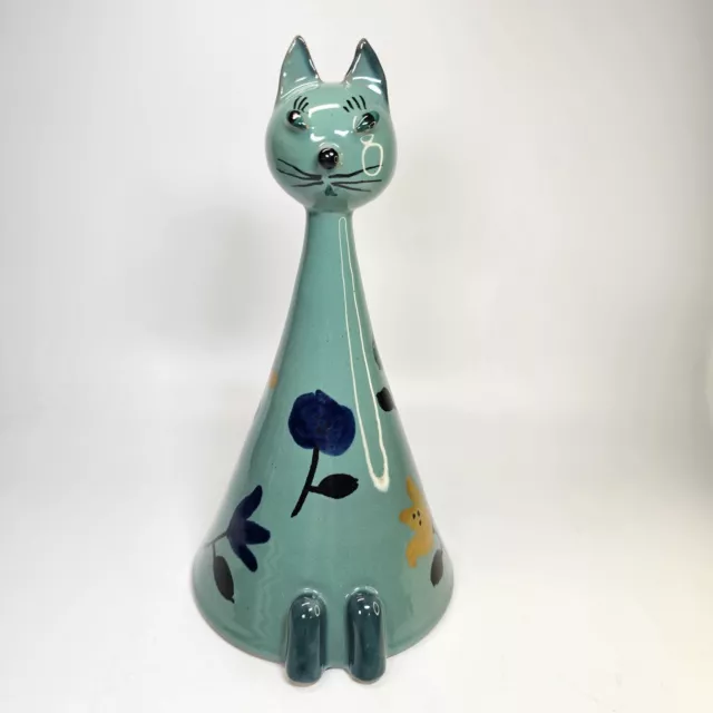 Italian Pottery Long Neck Cat Bank Blue Flowers Hand Painted Signed Italy Vtg