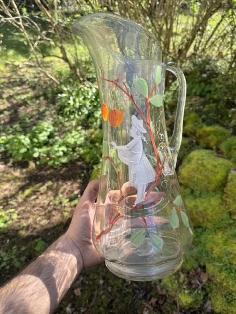 Large Pitcher Glass Blown Enamelled Towards 1900 Aka Mary Gregory & Carafe