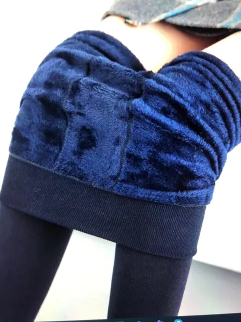 leggings thermiques chauds d'hiver bleus pour femmes doublés de polaire épaisse pantalon mince