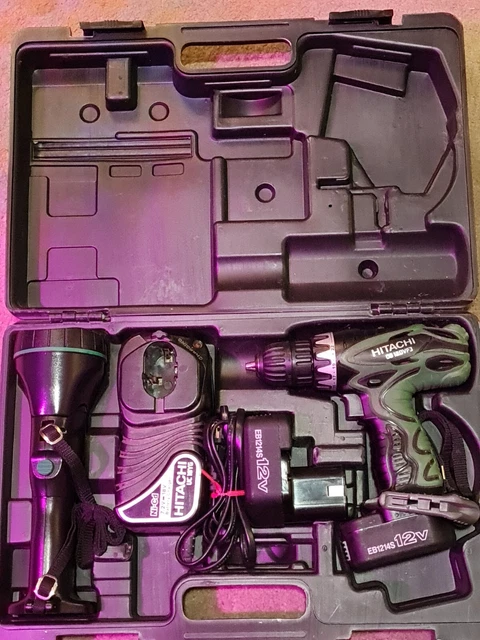Hitachi  12V 3/8" Cordless Drill w/Case 2 Batteries Charger Light Tested