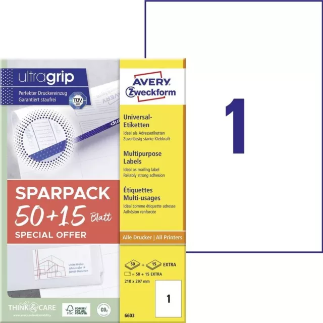 AVERY Zweckform 6603 Universal Labels (50 Plus 15 Adhesive Labels Extra, 210 x 2