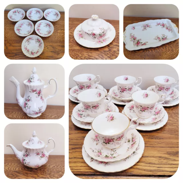 Royal Albert Lavendel Rose Tee Abendessen China Teekanne, Butter, Teller Trio Kaffee