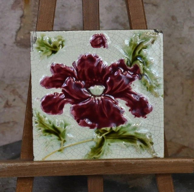 Antique Victorian Original Art Nouveau Majolica Tiles Wall Minton Style Flower