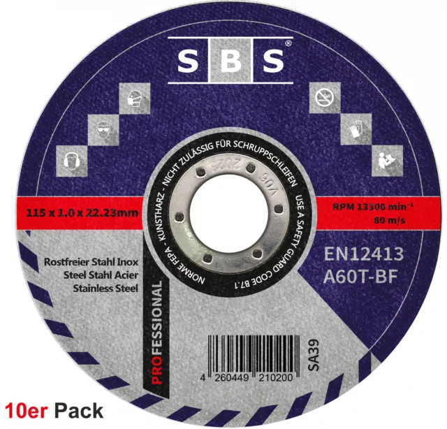 SBS Disco de Corte Ø 115mm x 1mm 10 Pieza Acero Inox. Flexible Metal V2A Inox