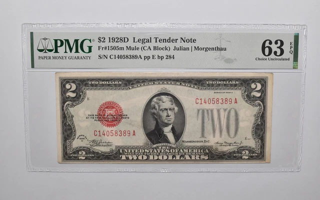 PMG 63EPQ $2 1928-D US Legal Tender Note FR#1505m Mule (CA Block) Red Seal *4740