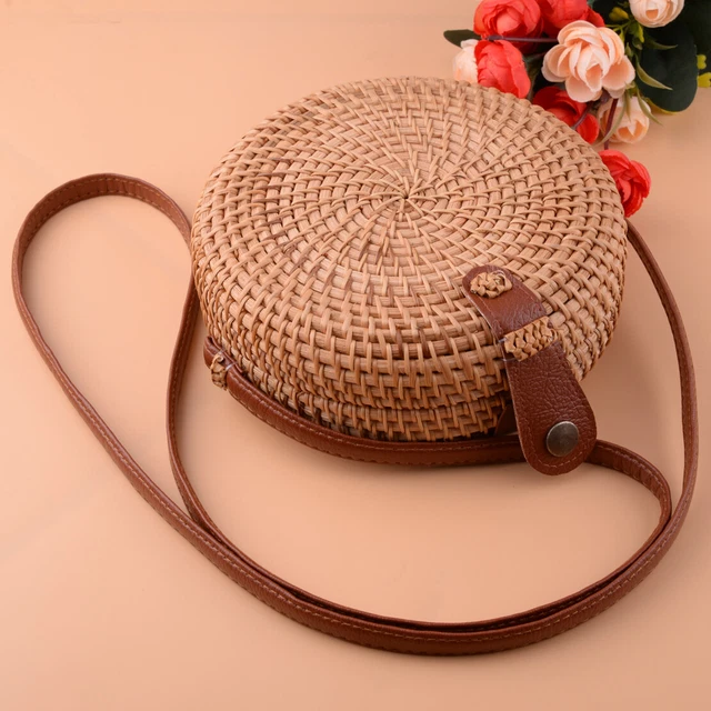 Bohemia Boho Rattan Straw Beach Bag Hand Woven Round Crossbody Purse Handbag n