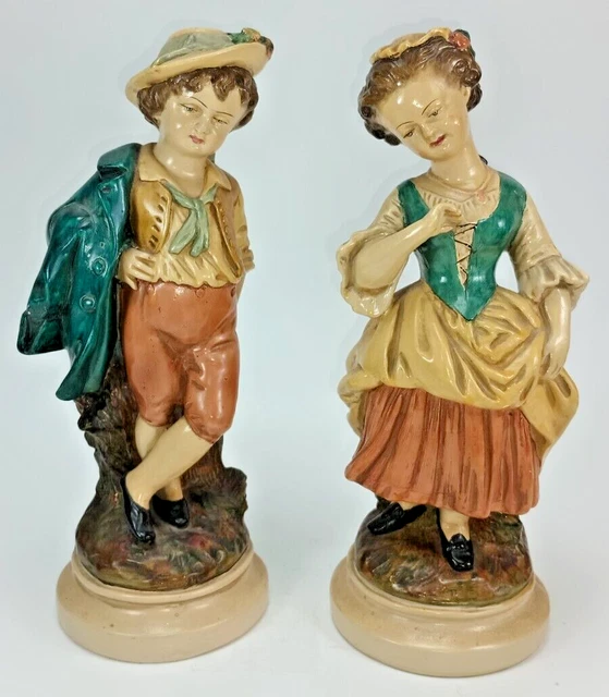 2 VINTAGE ITALIAN Chalkware Statue Figures. Boy and Girl Pair
