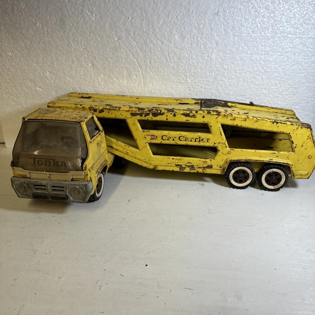VINTAGE YELLOW TONKA Toy Car Carrier Truck & Trailer Pressed Steel 28