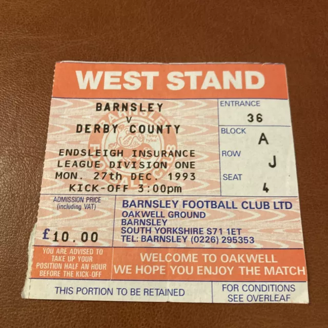 Barnsley v Derby. Biglietto stub. 1993/1994