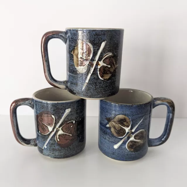 Set Of 3 Vintage Otagiri Made In Japan Acorn Stoneware Mugs Blue Brown