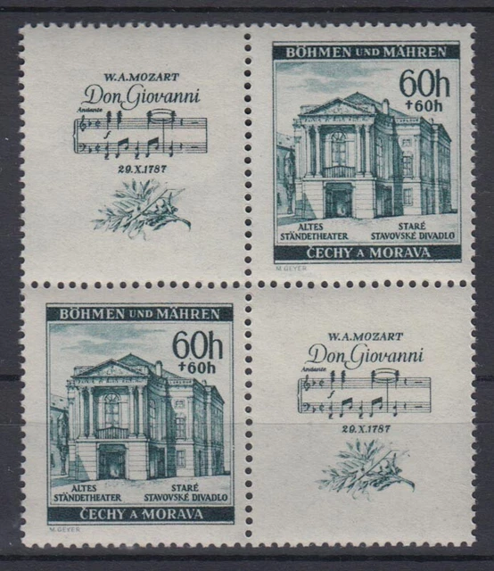 Böhmen + Mähren 80 4er Block mit 2 Zierfelder Wolfgang A. Mozart 60 H ** /1