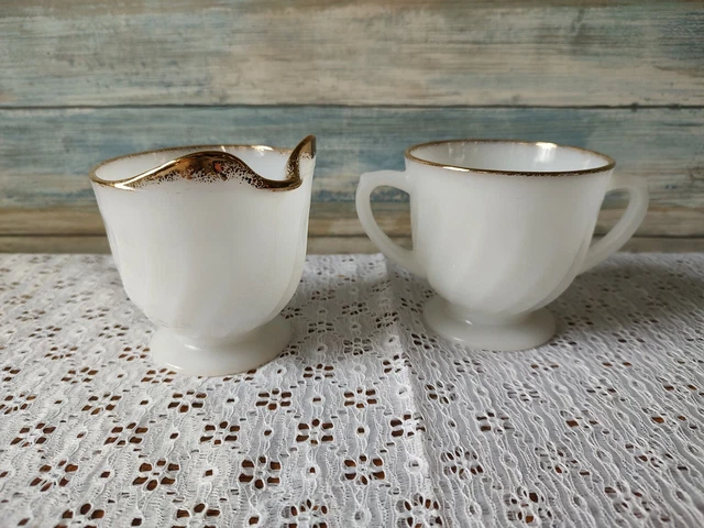 Vintage Fire King Golden Anniversary Creamer & Sugar White Swirl Gold Trim
