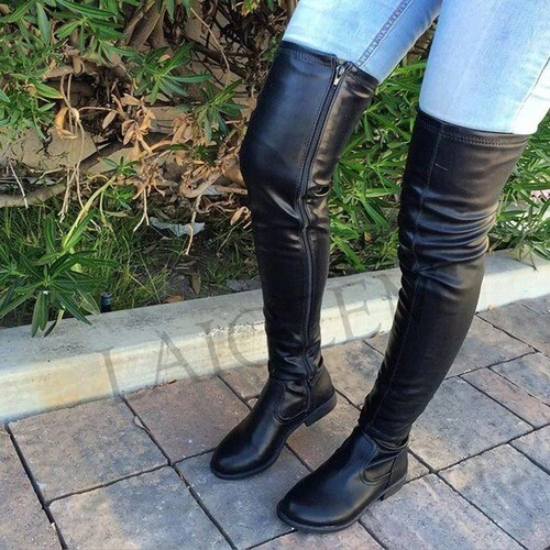 Over Knee Women Boots Thigh High Side Zip Low Chunky Heels Faux Leather Shoes