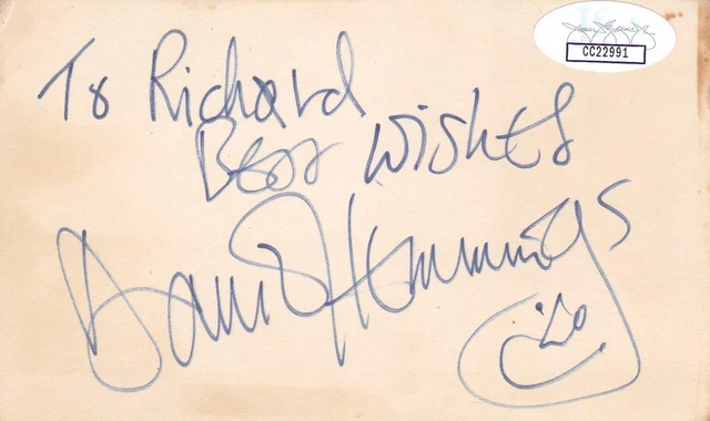 DAVID HEMMINGS d 2003 Signed 3x5 Index Card Actor/Live It Up! JSA CC22991