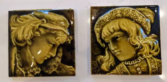 Two Antique Trent Portrait Tiles: Victorian Era Courtiers by Isaac Broome