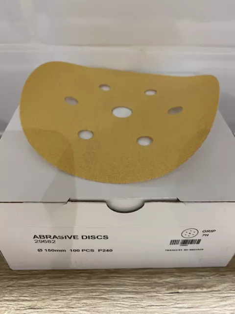 mirka 6"150mm 240 grit velcr grip sanding discs sandy gold, box (100)7 hole(6+1