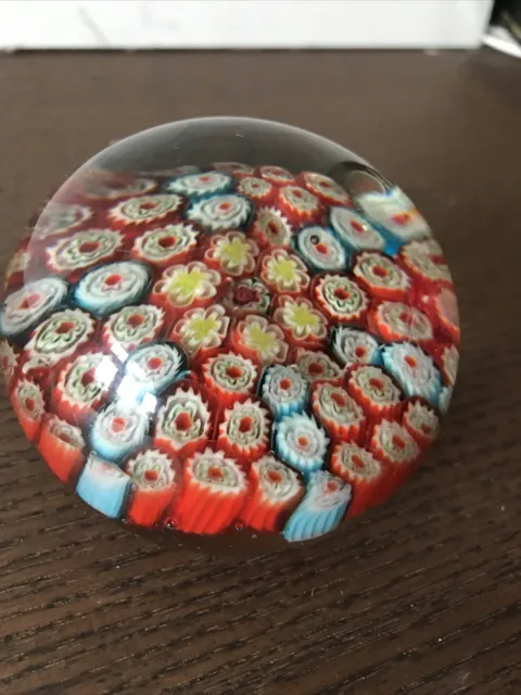 Paperweight Murano Art Glass Millefiori Flower Made in Italy red and aqua blue 3