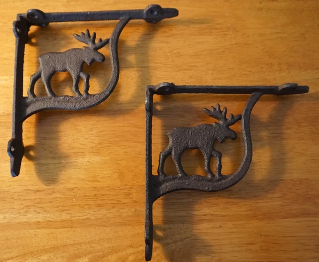 2 Moose Cast Iron Shelf Brackets Sculpture Rustic Cabin Lodge Log Home Decor NEW